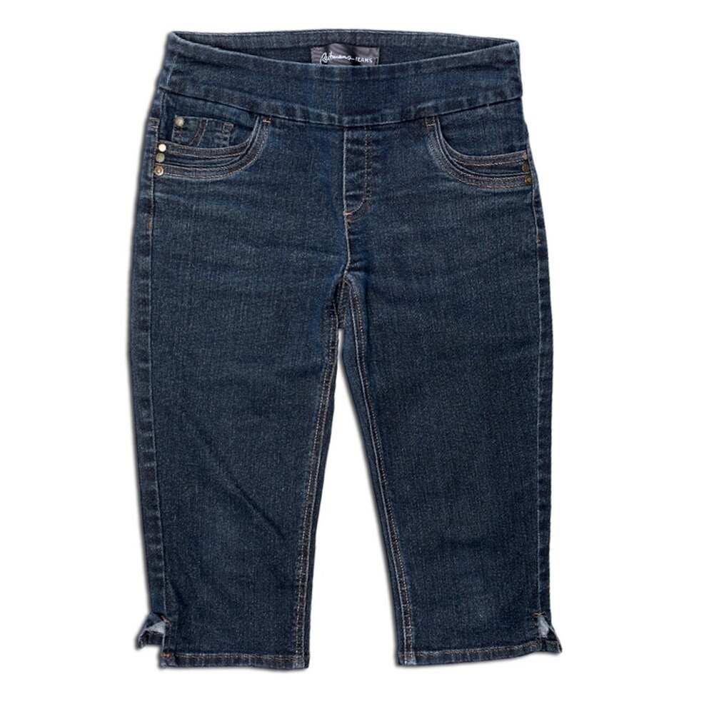 Reitmans Jeans Stretch Denim Capris Pull On Comfy Dark Wash Slit Hem Size 0